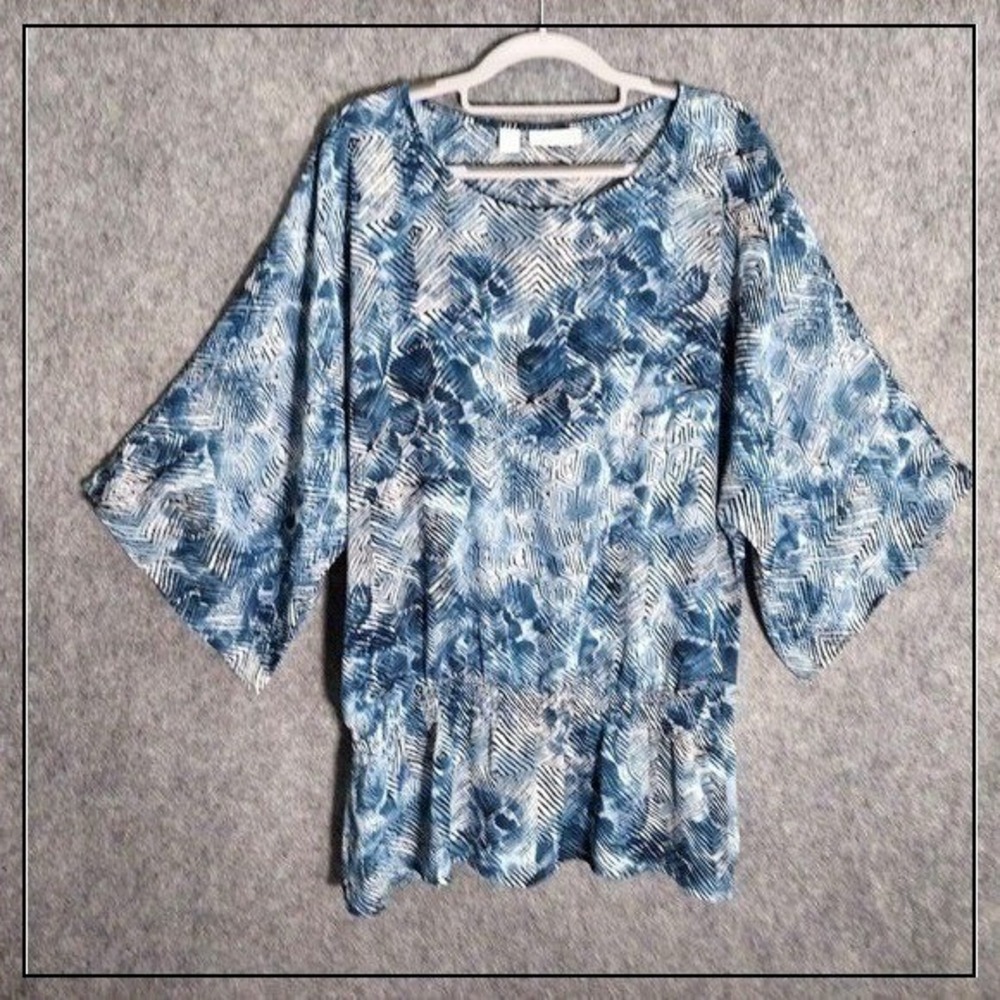 Chico's Blouse Women‎ 3 Blue Kimono Smocked Peasant Resort Vacation Effortless